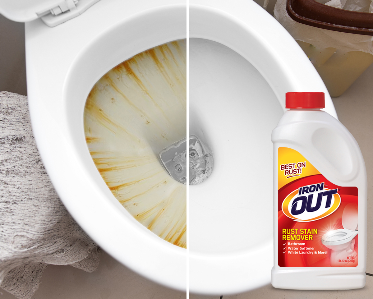 White toilet bowl in a bathroom using Iron Out for toilet