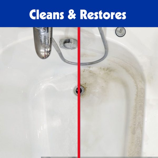 before and after image of a tub being cleaned with the pumie heavy duty scouring stick